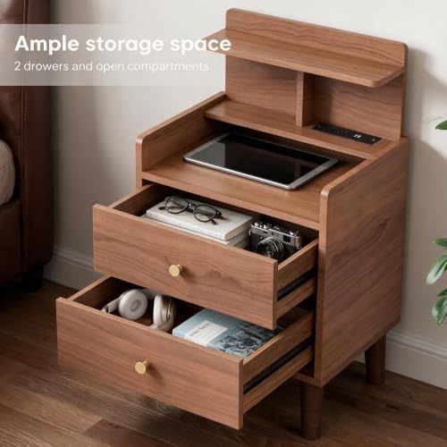 PARTPHONER Mid-Century Modern Small Nightstand with Charging Station, 15.4" Wide Narrow Side Bedside Table with 2 Drawers, Storage Shelf End Table for Bedroom, Living Room