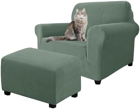 2 Piece Stretch Chair and Ottoman Cover Set, Jacquard Accent Armchair and Foot Stool Slip Cover, Non-Slip Slipcover for Chair with Footrest (Dust Green,2 Pieces Set)