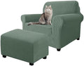 2 Piece Stretch Chair and Ottoman Cover Set, Jacquard Accent Armchair and Foot Stool Slip Cover, Non-Slip Slipcover for Chair with Footrest (Dust Green,2 Pieces Set)