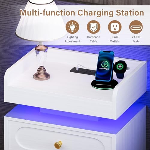 4ever2buy White Nightstand Set of 2 with Charging Station and LED Lights