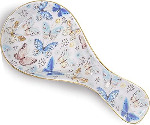Ceramic Spoon Rest for Stove Top Kitchen Counter Large Spoon Holder Farmhouse Floral Flowers Print Coffee Spoon Cooking Utensil Tools Rest Modern Kitchen Decor
