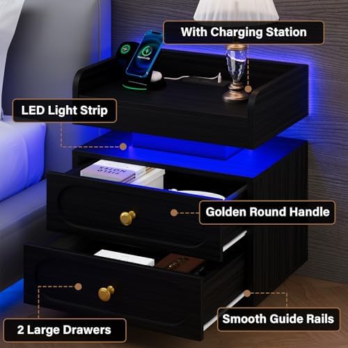 4ever2buy Black Nightstand Set of 2 with Charging Station and LED Lights