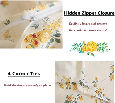 Flower Duvet Cover Set 100% Cotton Queen(90"x90"),Yellow Floral