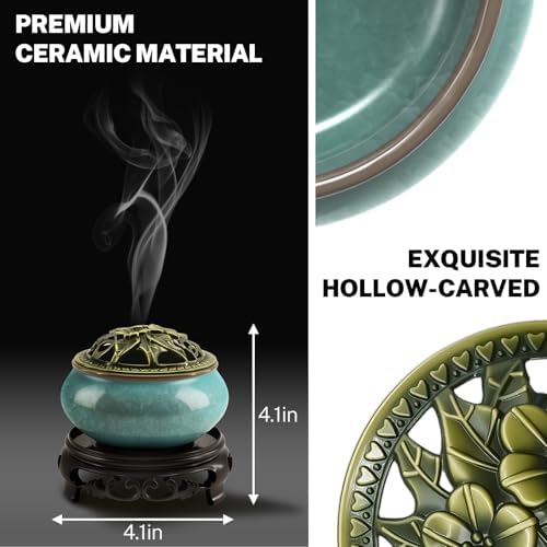 Ceramic Incense Burner with Lotus Incense Holder, Multi-Functional Incense Burner Holder for Incense Sticks, Coil Incense and Cones, Perfect Home Decor (Blue)