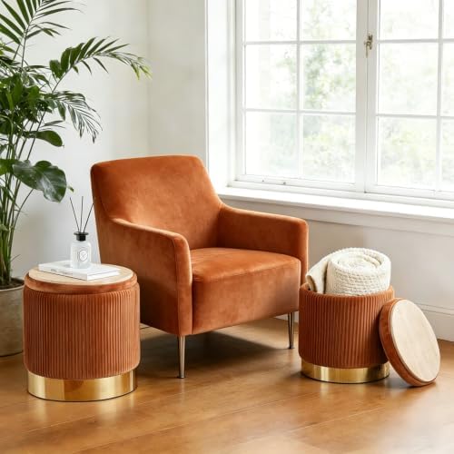 Round Ottoman with Storage, Orange Velvet, Set of 2 Vanity Stool
