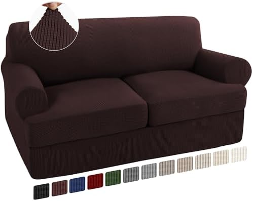 Turquoize 3 Piece T Cushion Loveseat Slipcovers Sofa Cover for 2 Cushion Couch Cover Washable Sofa Slipcover Furniture Covers with 2 Individual T Cushion Seat Covers (2 Cushion Loveseat, Brown)