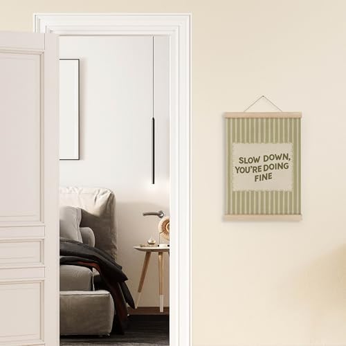 MAQIKA Inspirational Poster Framed with Wood Hanger, Motivational Hanging Wall Decor, Slow Down You're Doing Fine Striped Canvas Wall Art Paints for Home Bedroom Classroom Office, 12x16 Inch