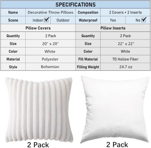 Decorative Throw Pillow with Inserts, Set of 2 Soft Faux Fur Throw Pillows, Square Boho Striped Pillow for Couch, Bed, Sofa Decor