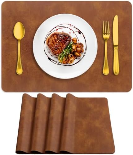 ADRIMER Fall Placemats Set of 4, Heat Resistant Faux Leather Turmeric Brown