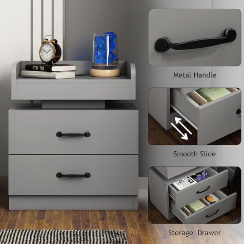 4ever2buy Grey Nightstand Set of 2 with Charging Station and LED Lights