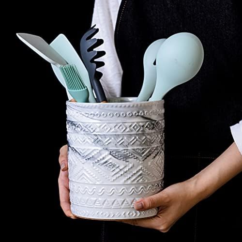 Yundu Grey Ceramic Marble Kitchen Utensil Holder for Countertop, Utensil Crock for Home Décor