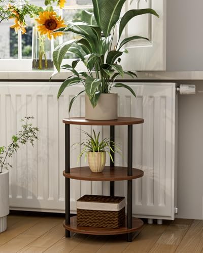 XBurmo Small Round End Table - 3 Tier Design Accent Table, Narrow Side or Bedside Stand, Industrial Vintage Nightstand for Bedroom, Living Room, or Small Spaces, Set of 2, Rustic Walnut