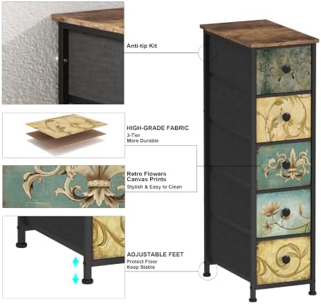 Tohomeor Narrow Storage Dresser Slim Dresser with Retro Flowers Fabric Drawers Vertical Skinny Cabinet for Small Spaces,Bathroom,Bedroom Closet Nightstand,Entryway Organizer (Retro Flower, 5 Drawers)