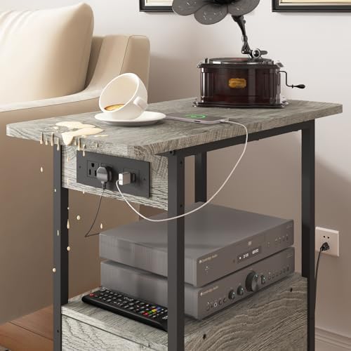 LIDYUK End Table with Charging Station, Narrow Side Table with Drawer