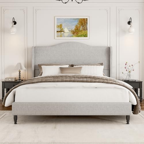 50.4'' Upholstered Tall Headboard Queen Bed Frame, Beige