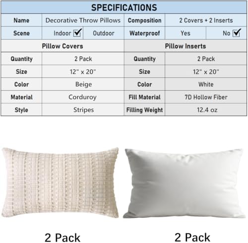 2 Pack Corduroy Decorative Throw Pillow with Inserts, 18x18 Inch Soft Boho Throw Pillow, Square Striped Throw Pillows for Couch, Bed, Sofa Decor (Beige, 12" x 20" (with Inserts))