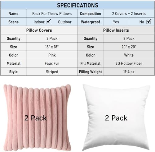 Decorative Throw Pillow with Inserts, Set of 2 Soft Faux Fur Throw Pillows, Square Boho Striped Pillow for Couch, Bed, Sofa Decor (Pink, 18" x 18"(Pack of 2))