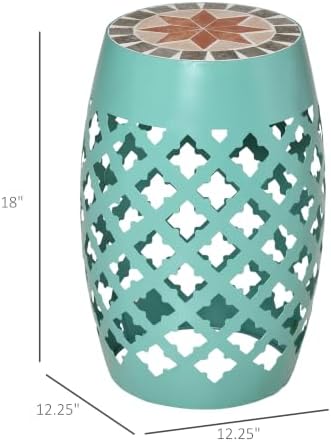 Outsunny Decorative Outdoor Stool, 12" Round Patio Side Table, Mosaic Blue