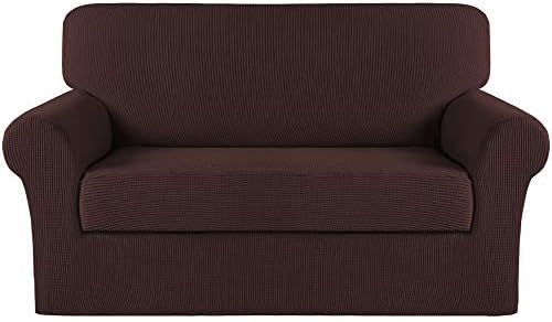 Turquoize Stretch Sofa Slipcover 2 Pieces Sofa Cover Couch Cover for 2 Cushion Couch Washable Furniture Protector Covers with Elastic Bottom Feature Thick Jacquard Fabric (Loveseat, Brown)