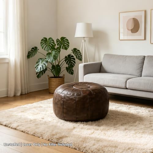 Thgonwid Unstuffed Moroccan Storage Pouf Foot Stool Ottoman Seat Handmade Faux Leather Bean Bag Floor Chair Foot Rest for Living Room, Bedroom or Balcony (Deep Coffee)