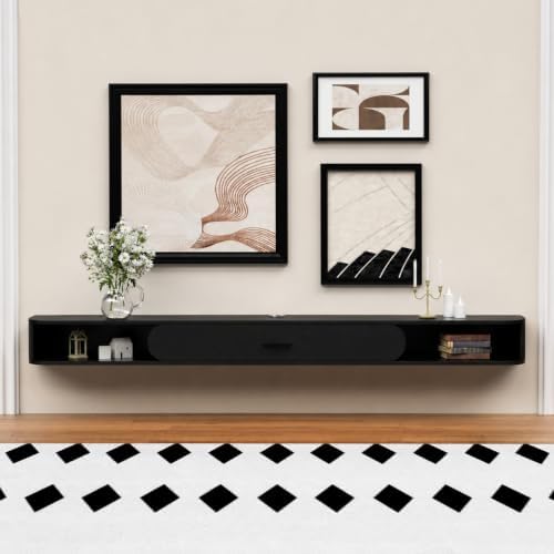 GHC Floating TV Stand, 75'' Wall Mounted TV Cabinet, Floating Shelves with Door, Media Console for DVD Player, Space-Saving Under TV Shelf for Bedroom & Living Room (Black)