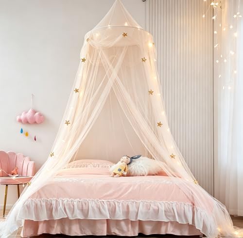 Bed Canopy with Star Lights, Gold Star Princess Canopy for Bed,Extra Large Dome Mosquito Net Reading Nook Bed Canopy for Girls Twin Full Queen Size Bed,Ivory
