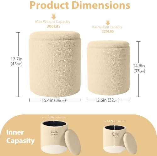 Royal Windsor Round Ottoman with Storage Set of 2, Storage Vanity Stool