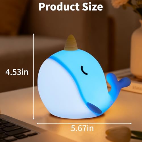 Narwhal Night Light, USB-C Rechargeable Silicone Lamp with Tap Control, 3-Level Dimming & 30-Min Auto Timer, 7-Color Changing Squishy Nursery Light, Birthday Gift for Kids