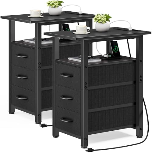 Vagusicc Black End Table with Charging Station Set of 2, Narrow Side Table, Narrow Nightstand with 3 Fabric Drawers, Slim Sofa Side Table for Small Spaces, Small Night Stand for Bedroom, Black