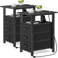 Vagusicc Black End Table with Charging Station Set of 2, Narrow Side Table, Narrow Nightstand with 3 Fabric Drawers, Slim Sofa Side Table for Small Spaces, Small Night Stand for Bedroom, Black