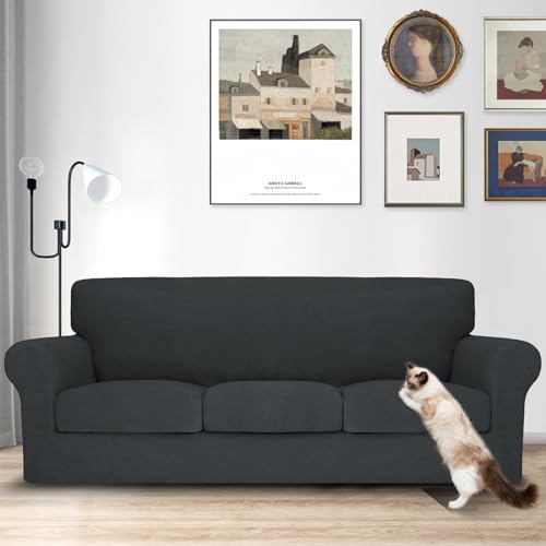 MAXIJIN 4 Piece Couch Covers for 3 Cushion Couch Sofa Covers, Stretch Couch Slipcovers for Sofas with 3 Cushions, Thick 3 Seat Furniture Protector for Dogs Pet (71"-91", Gray)