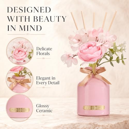 COCORRÍNA Flower Reed Diffuser Set, 6.7oz Sandalwood Rose Scented Oil Diffuser with Sticks, Long Lasting Home Fragrance for Bathroom, Bedroom, Living Room & Shelf Decor