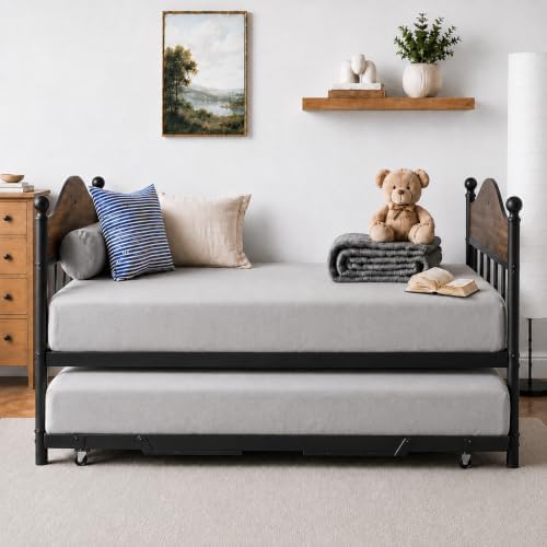 Garvee Twin Daybed with Trundle, Twin Bed Frame with with Stylish Headboard, Heavy Duty Steel Slats Platform for Living Room, Bedroom, Brown