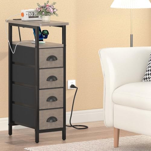 sthmec Side Table with Charging Station, Narrow End Table with 4 Drawers, Small Nightstands with Fabric Drawers,Slim Sofa Couch Side Tables for Small Spaces,Living Room,Bedroom, Grey