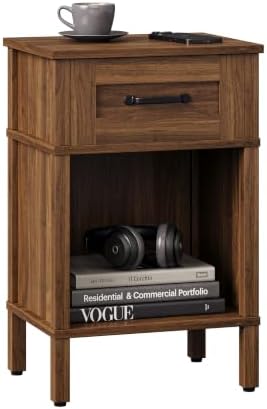 Farmhouse Nightstand with Drawer, Small Wood Bedside Table, Rustic Side Table, Modern End Table with Drawer, Retro Wooden Red Brown Night Stand for Bedroom