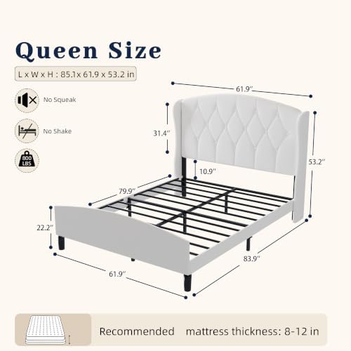 Queen Size Upholstered Bed Frame with 53" Velvet Headboard