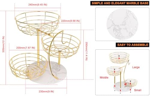 Livabber Fruit Basket Bowl with Banana Hanger, Metal Fruit Vegetable Storage Basket with Banana Holder for Kitchen Counter, Detachable Organizer for Bread Snack Produce (Gold, 3-Tier Marble Base)