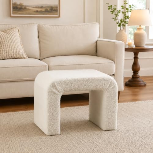 Modern Boucle Ottoman Footstool, 24" Arched Upholstered Vanity Stools for Makeup Room, Small Foot Rest for Entryway, Living Room, Bedroom (Fully Assembled)，White