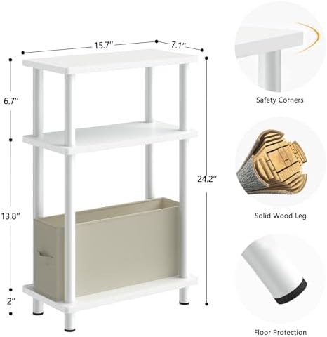 Apicizon Narrow Side Table with Fabric Basket, 3-Tier End Table, White