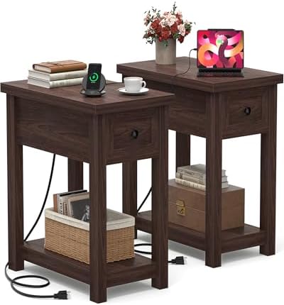 Farmhouse Narrow End Table Set of 2 with Charging Station, 13.8" Wide
