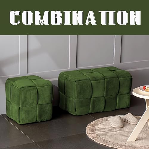 Cmishe 28" Rectangular Woven Corduroy Ottoman Footrest - Large Modern Entryway Bench & Bed End Stool, Sturdy Wood Frame, No Assembly (Green-L)