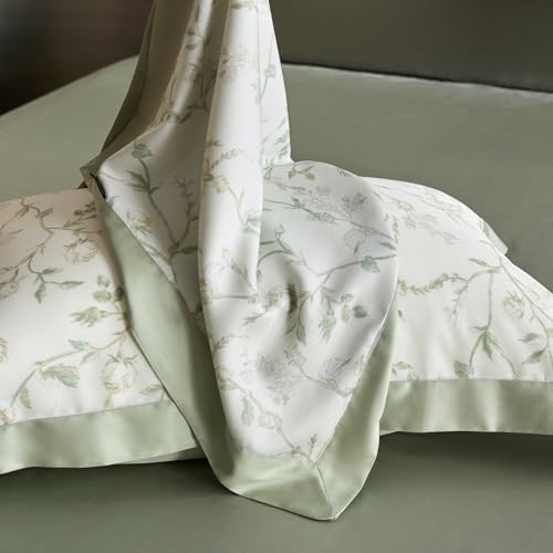 Lyocell Duvet Cover Set Queen with Green Floral Pattern,Silk-Like Smooth & Cool Comforter Cover Set with Corner Ties-Queen,Mint Green