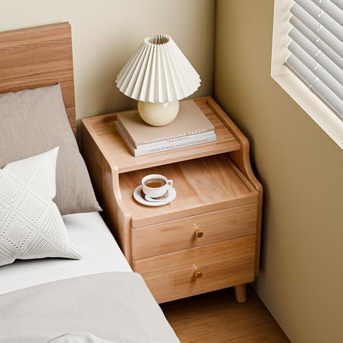 Nightstand with Drawers, Pre-Assembled, 19.7" H Natural Solid Wood Night Stand with Open Sliding Shelf, Mid Century Modern Small Bedside Table Cabinet for Bedroom, Natural Oak 16"