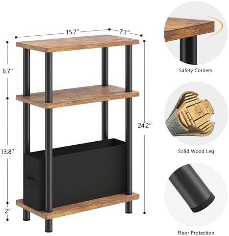 Apicizon Narrow Side Table with Fabric Basket, 3-Tier End Table,Brown Black