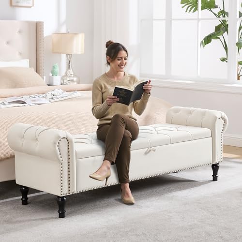 67 Inch Storage Bench for Bedroom, King Size End of Bed Bench, Upholstered Bench with Rolled Arms, Linen Tufted Button Storage Ottoman Benches, Living Room, Entryway, Cream Beige