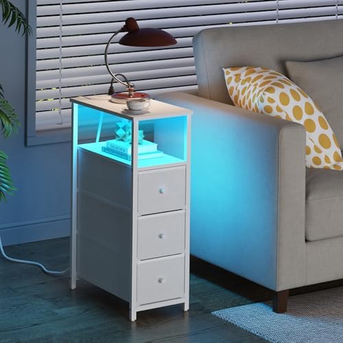 TUTOTAK Narrow LED Night Stand with Charging Station, Slim End Table