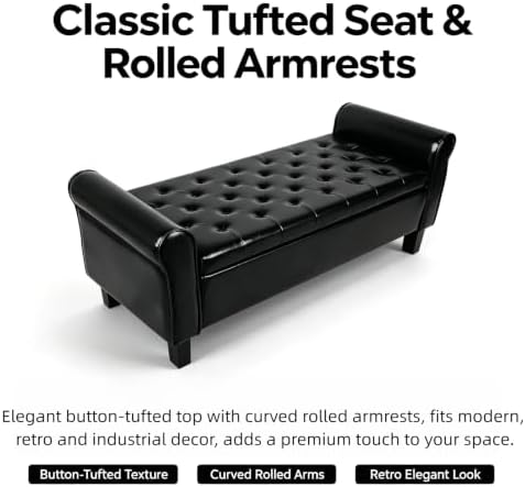 51 Inch Black Faux Leather Storage Ottoman Bench with Rolled Armrests