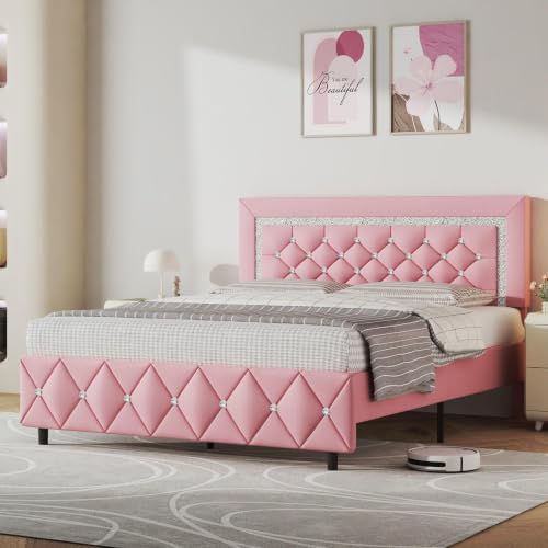 Lullabyre Full Size Bed Frame with Headboard, Faux Leather Bed with Diamond Tufted Design, Bed Frames Full with Wood Slats Support, No Box Spring Required, Easy Assembly, Pink