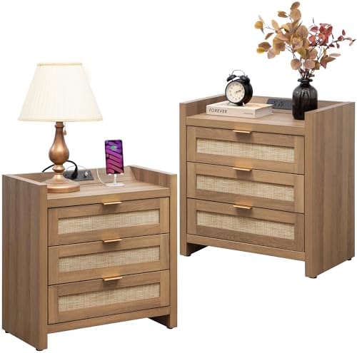 SICOTAS Rattan Night Stand Set of 2 : Bedside Table with 3 Large Drawers