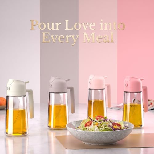 YARRAMATE Olive Oil Dispenser, 2 in 1 Oil Sprayer for Cooking, 17oz/500ml Glass Oil Spray Bottle with Pourer, Food-grade Oil Dispenser and Oil Sprayer for Kitchen, Salad, Frying (24_4pcs pinkset)